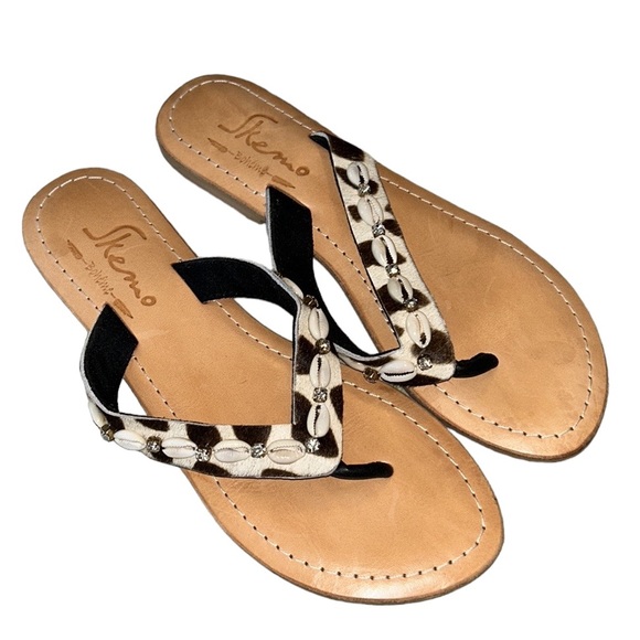 LN Skemo Savannah Leopard Embellished Leather Rhinestone Shell Slide Sandals - 7 - Picture 2 of 15